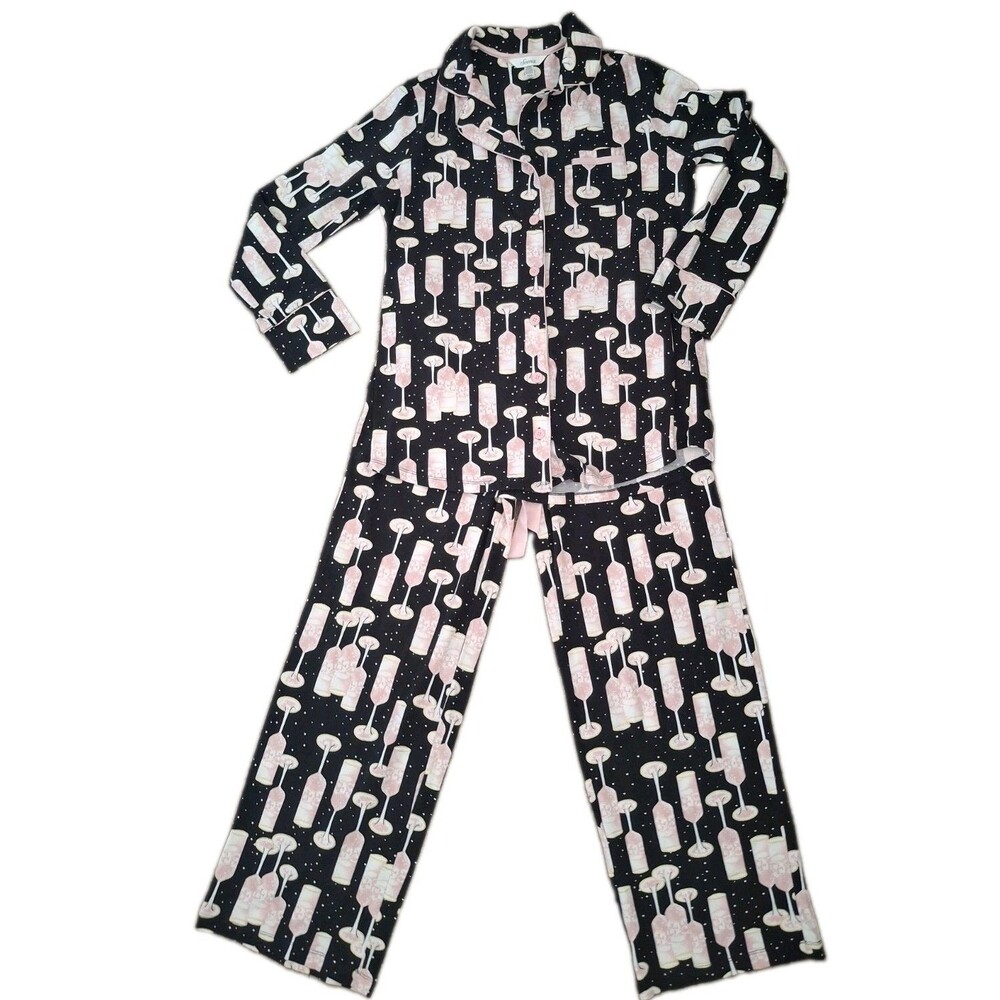 Soma 2 Pc Pajama Set Wine Champagne Glass Medium Black Pink Knit Button Down